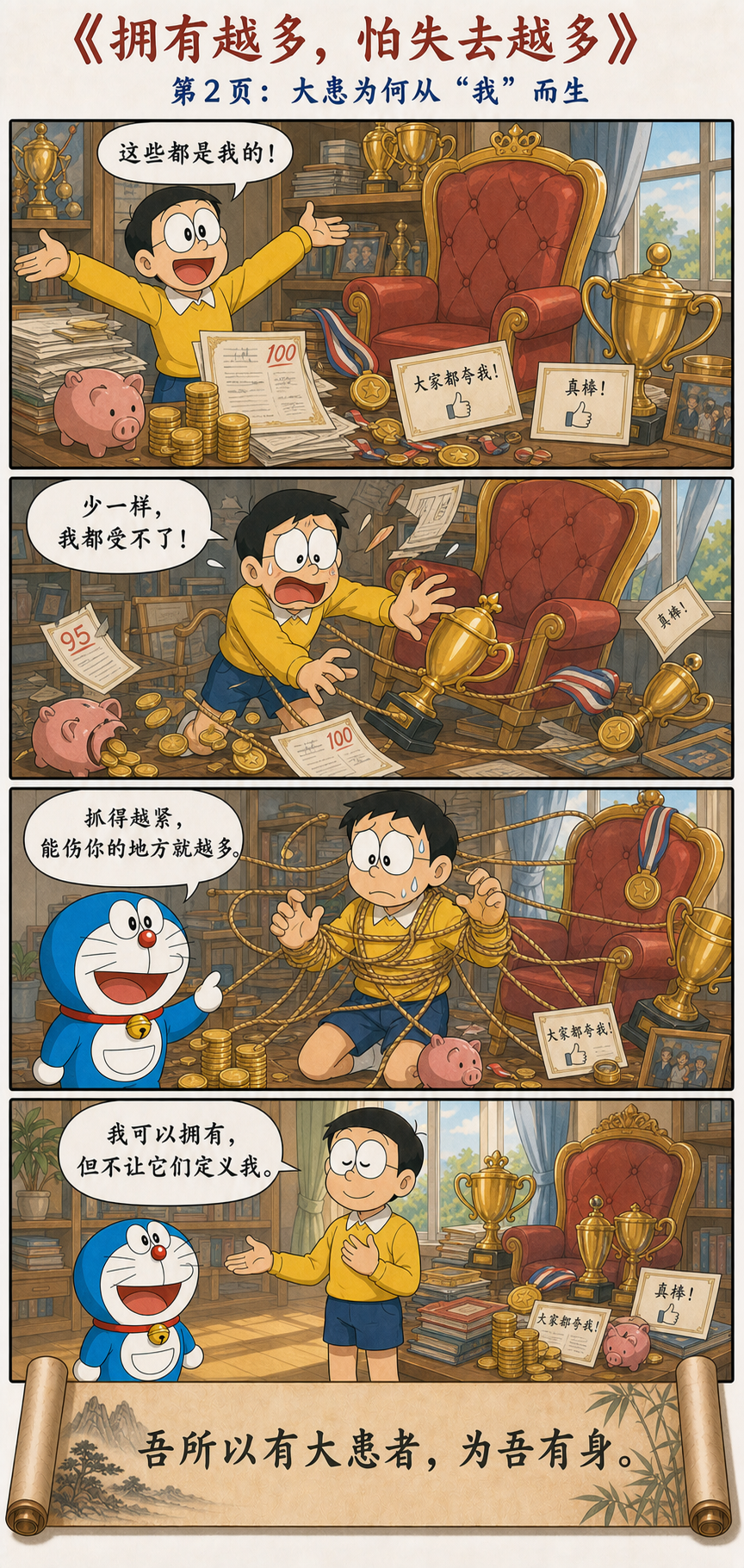 大雄被奖杯成绩财富和赞美的绳索捆住理解贵大患若身