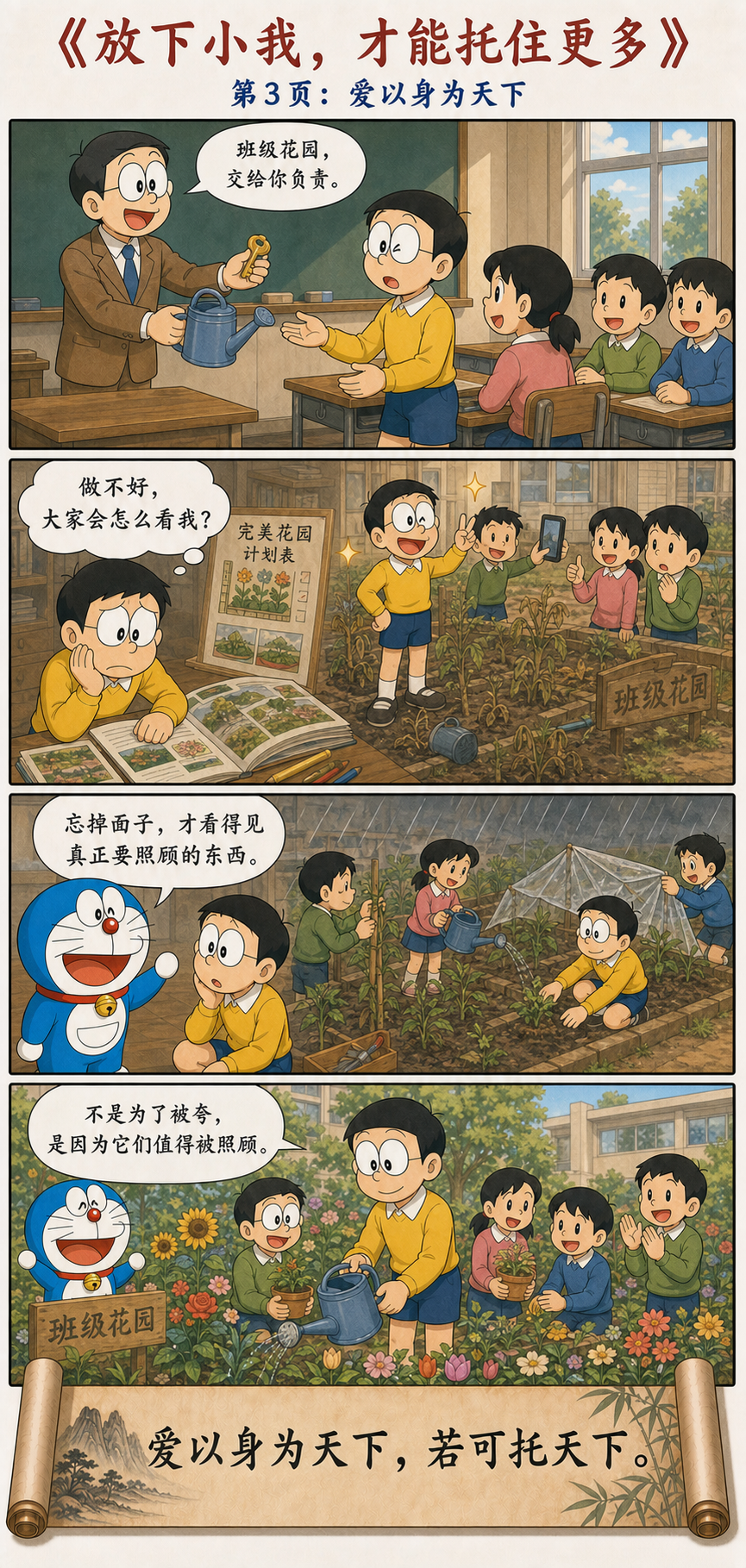 大雄放下面子照顾班级花园理解爱以身为天下