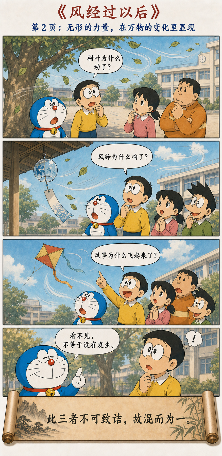 树叶风铃和风筝通过变化显示同一阵无形的风