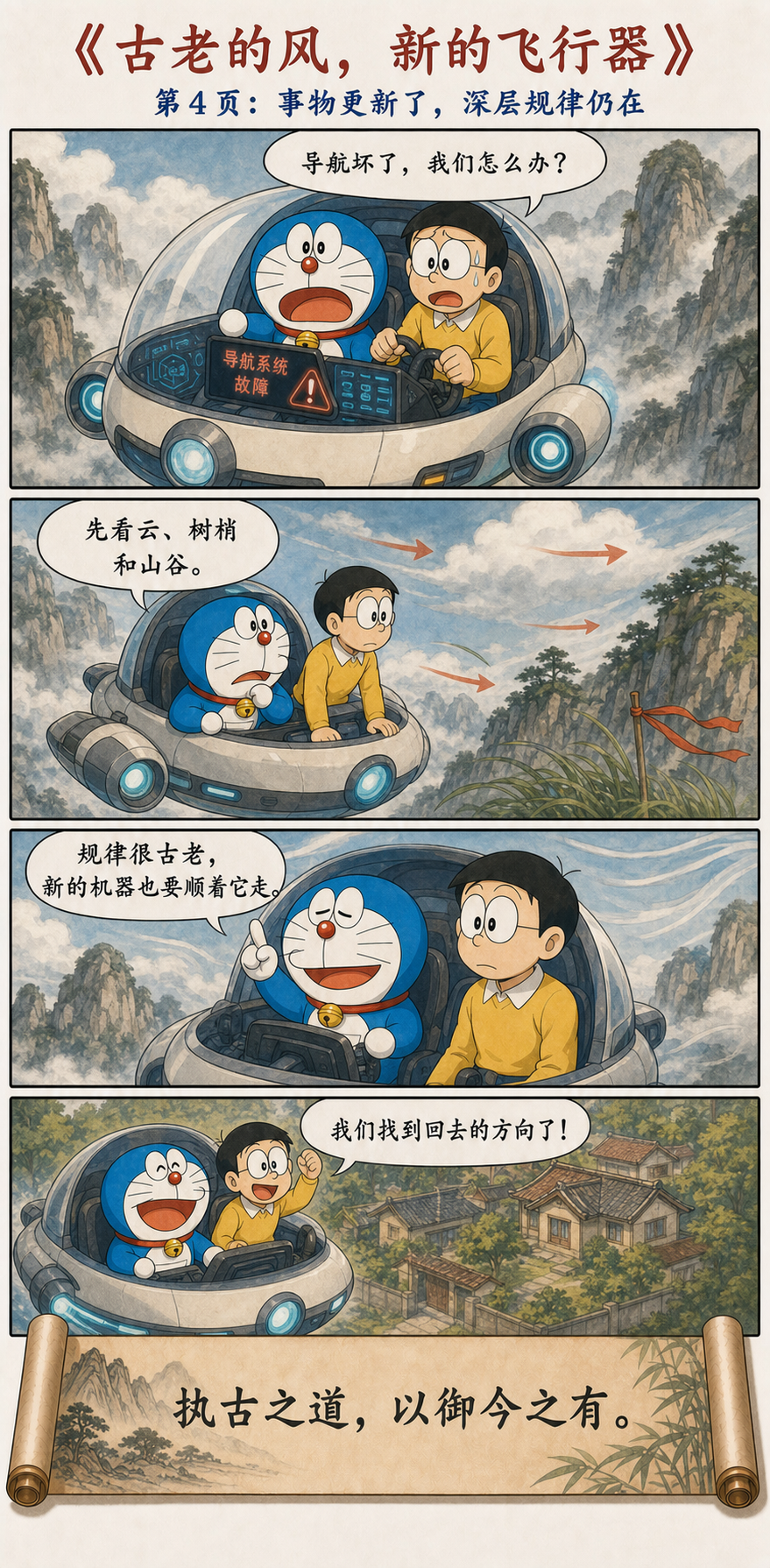 导航失灵后哆啦A梦依据云树梢和山谷的风向驾驶飞行器