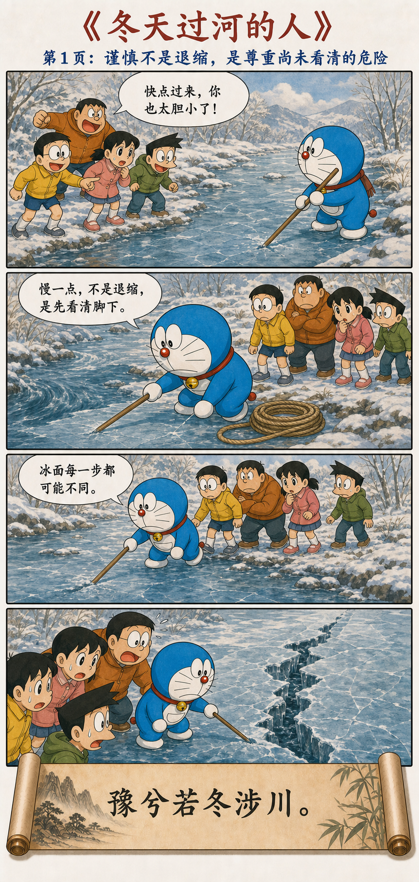 哆啦A梦在冬天谨慎测试冰面过河