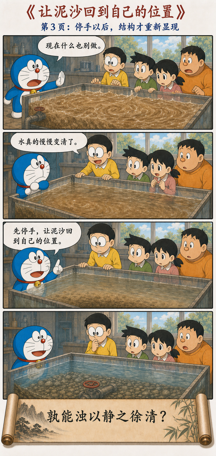 众人停手等待泥沙沉淀后看清水底阀门