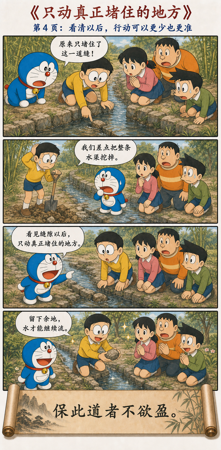 众人只移走堵住水渠的一块石头让水恢复流动