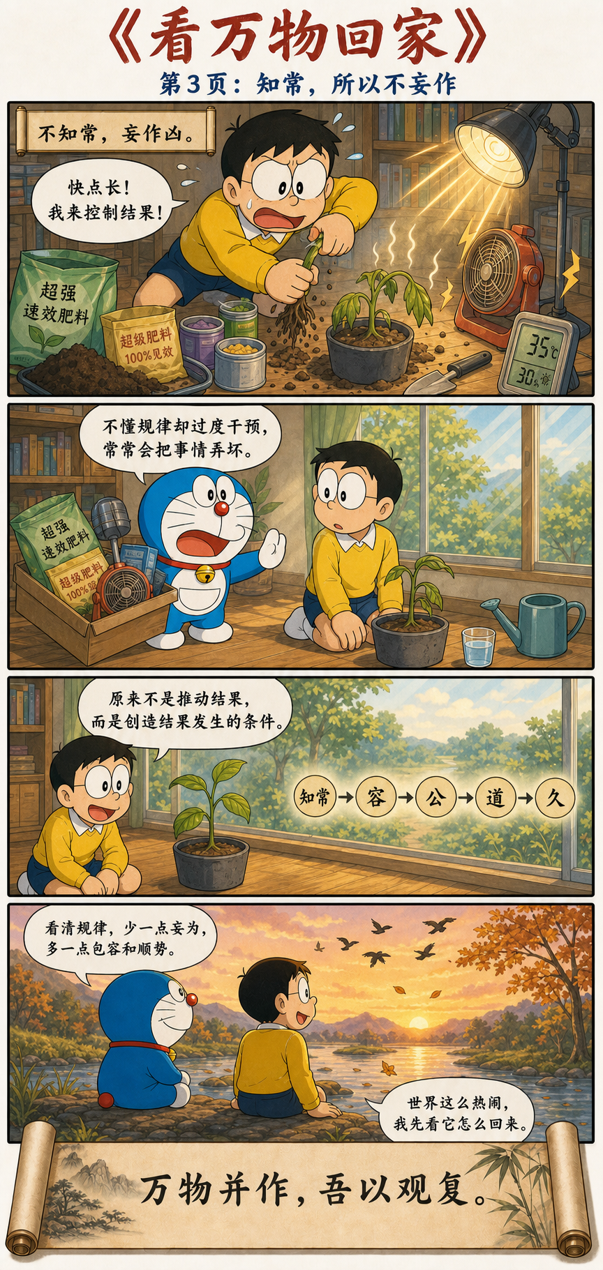 大雄拔苗助长后理解不知常则妄作，学会创造条件并顺应规律