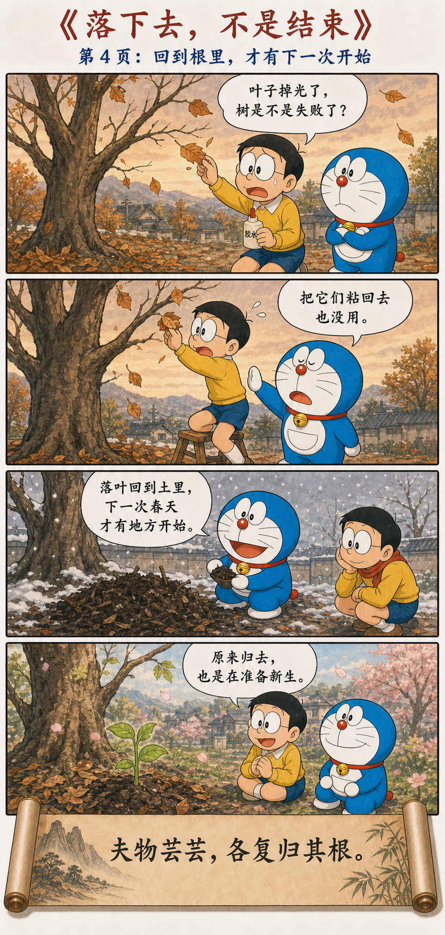 落叶回到泥土并在来年春天滋养新的幼苗