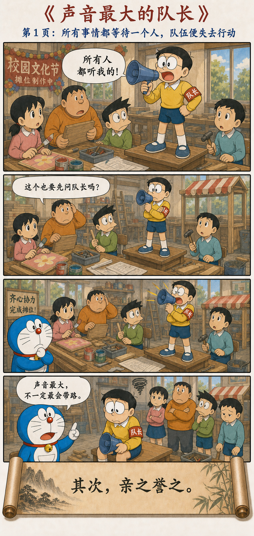 大雄当队长用扩音器命令所有人导致团队停滞