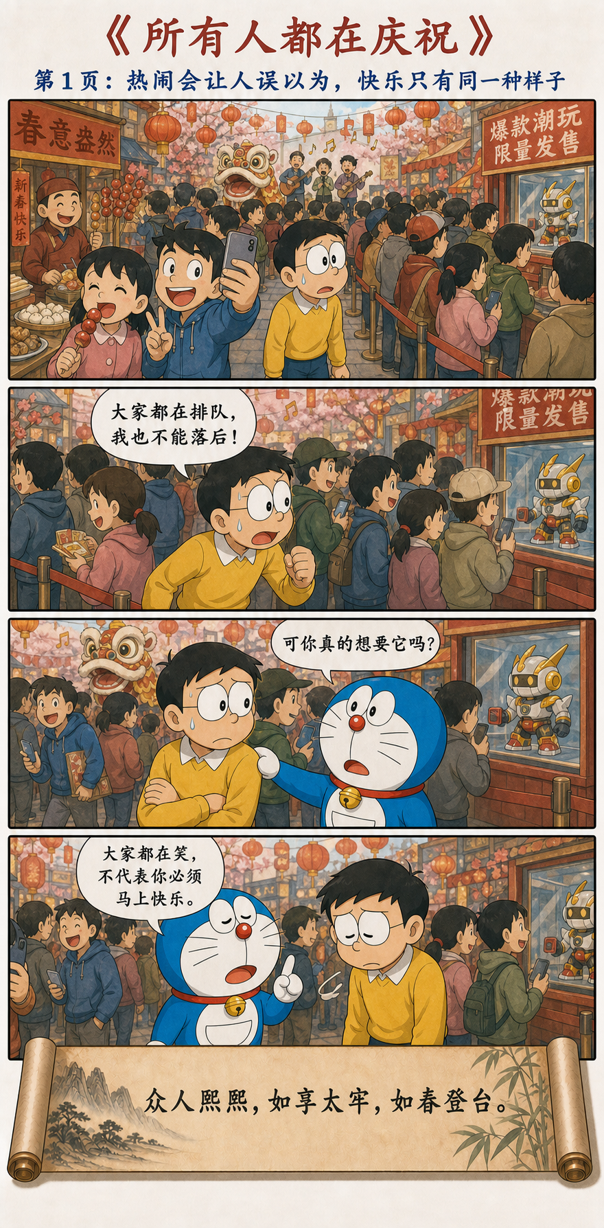 大雄在热闹春日庆典中因为大家排队而追逐爆款玩具