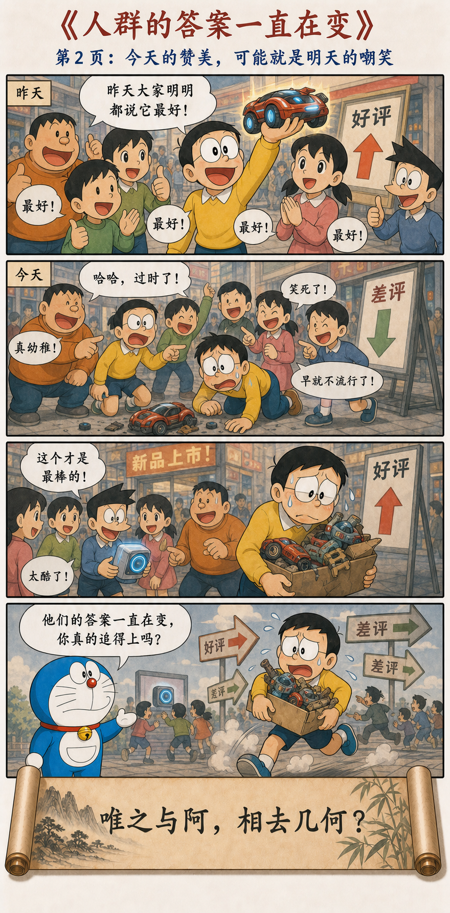人群昨天赞美今天嘲笑同一个玩具让大雄疲于追赶