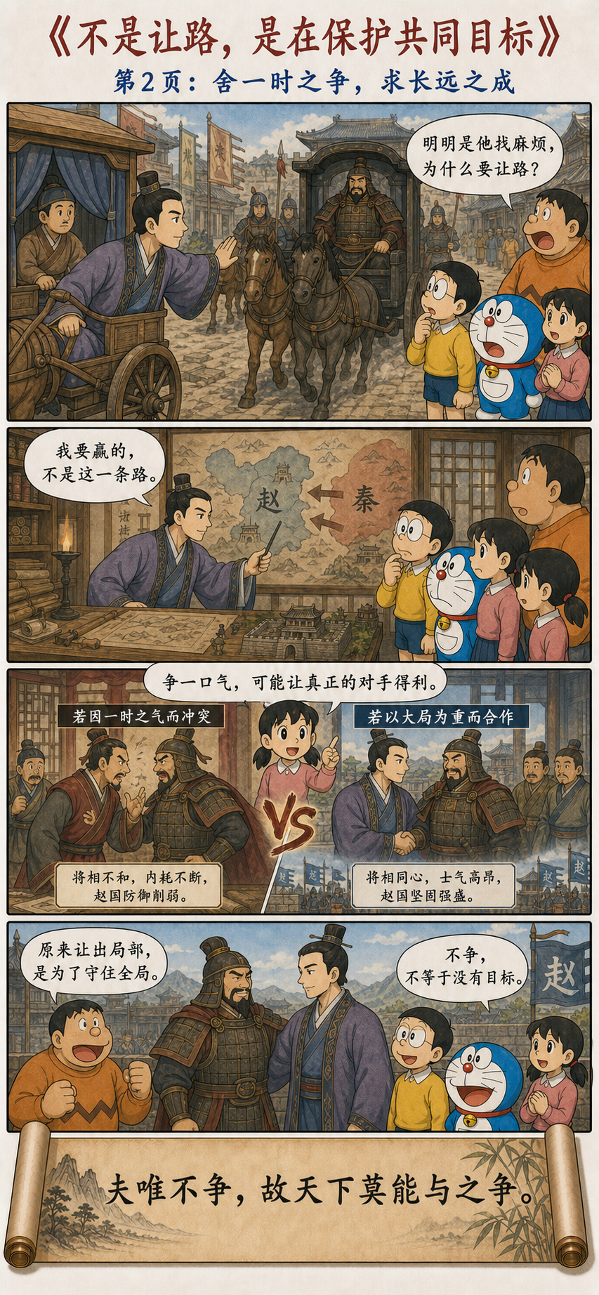 哆啦A梦大雄胖虎和静香通过蔺相如让路理解不争与共同目标
