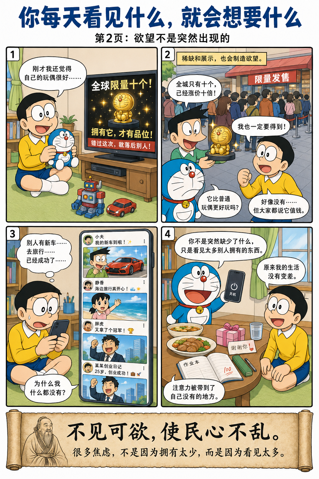 哆啦A梦谈《道德经》第三章第二图:不见可欲,使民心不乱