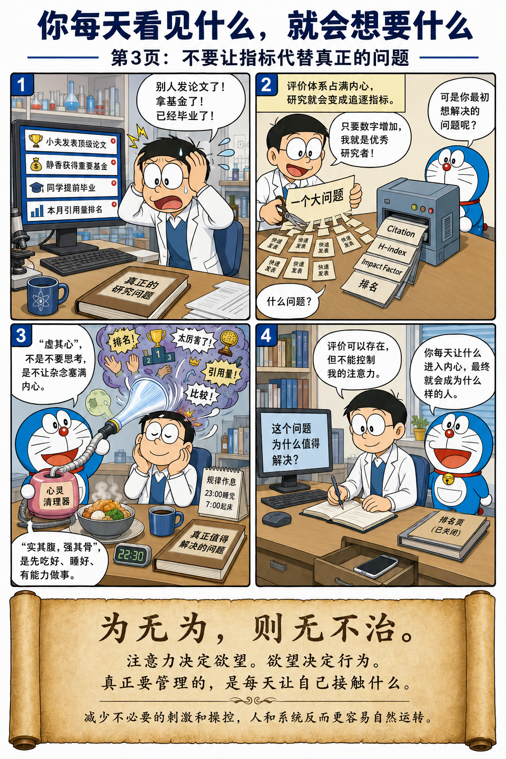 哆啦A梦谈《道德经》第三章第三图:虚其心,实其腹;为无为,则无不治