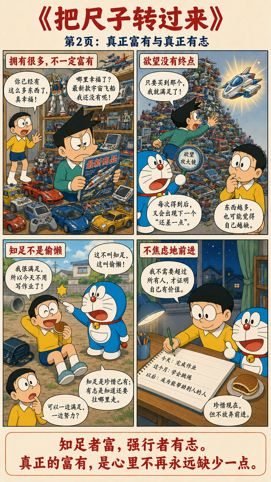哆啦A梦谈《道德经》第三十三章第二图:真正富有与真正有志