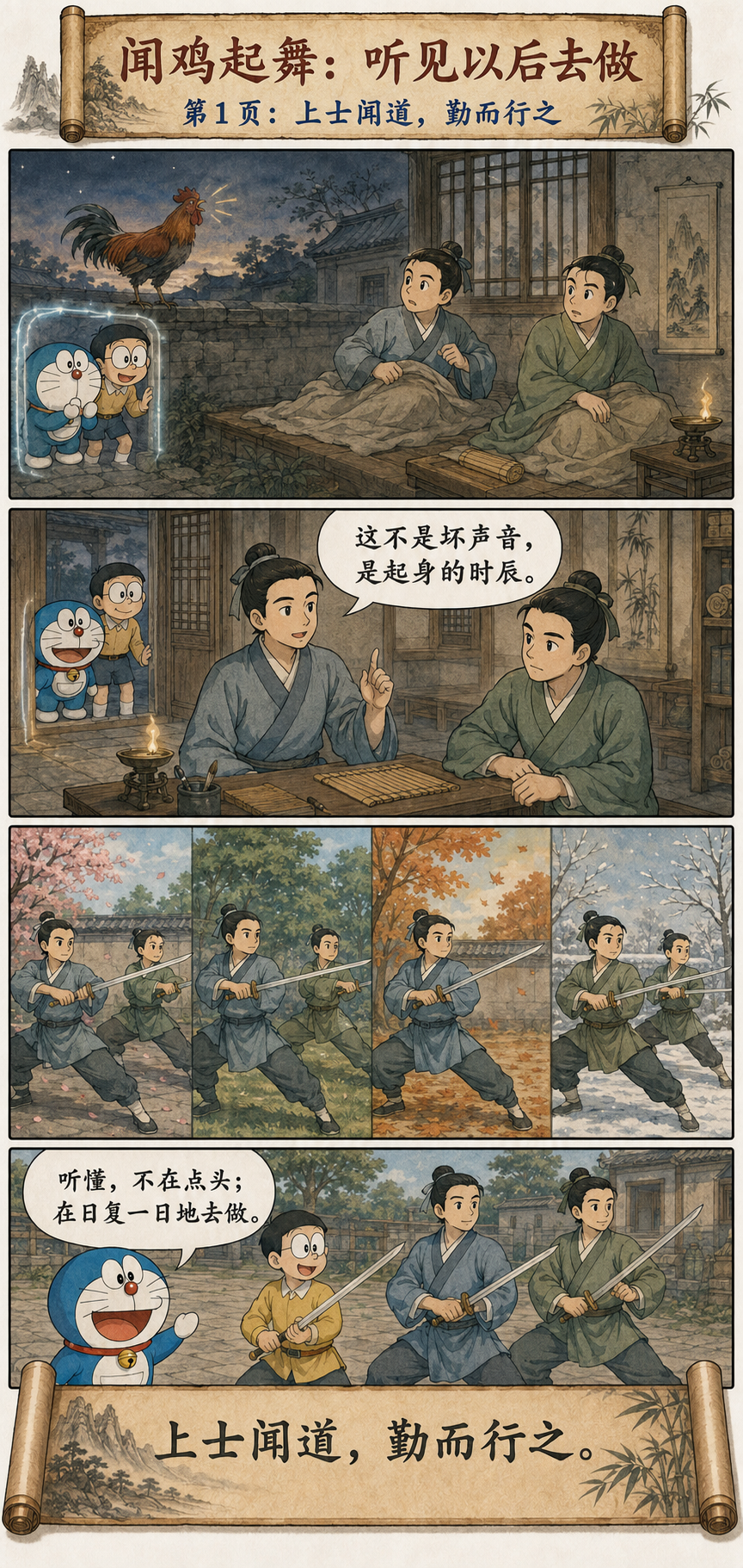 哆啦A梦和大雄观看祖逖刘琨闻鸡起舞，理解上士闻道勤而行之