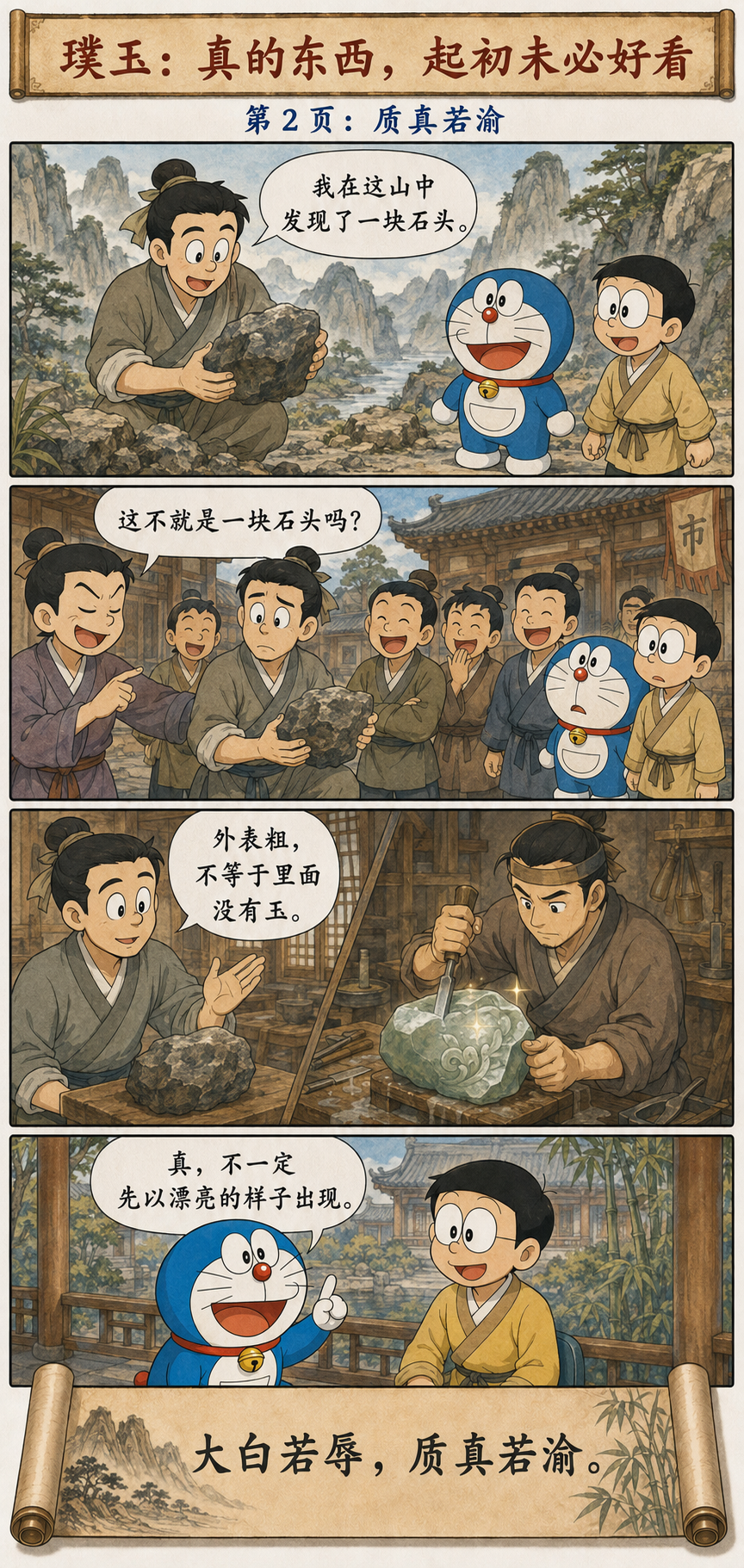 哆啦A梦和大雄见证卞和的璞石被识为美玉