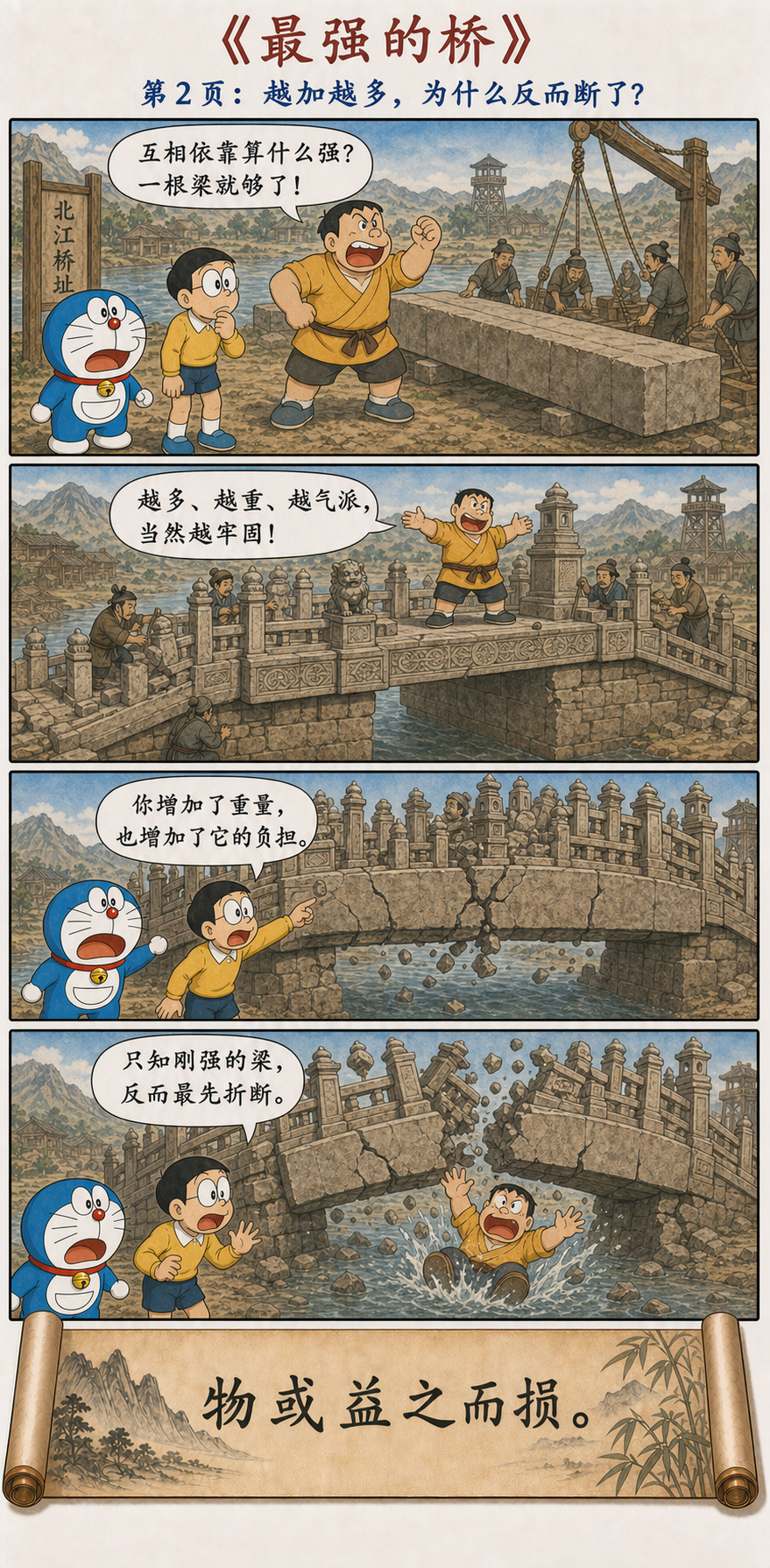 胖虎用一根刚强石梁造桥并不断增加重量，石梁折断，理解益之而损