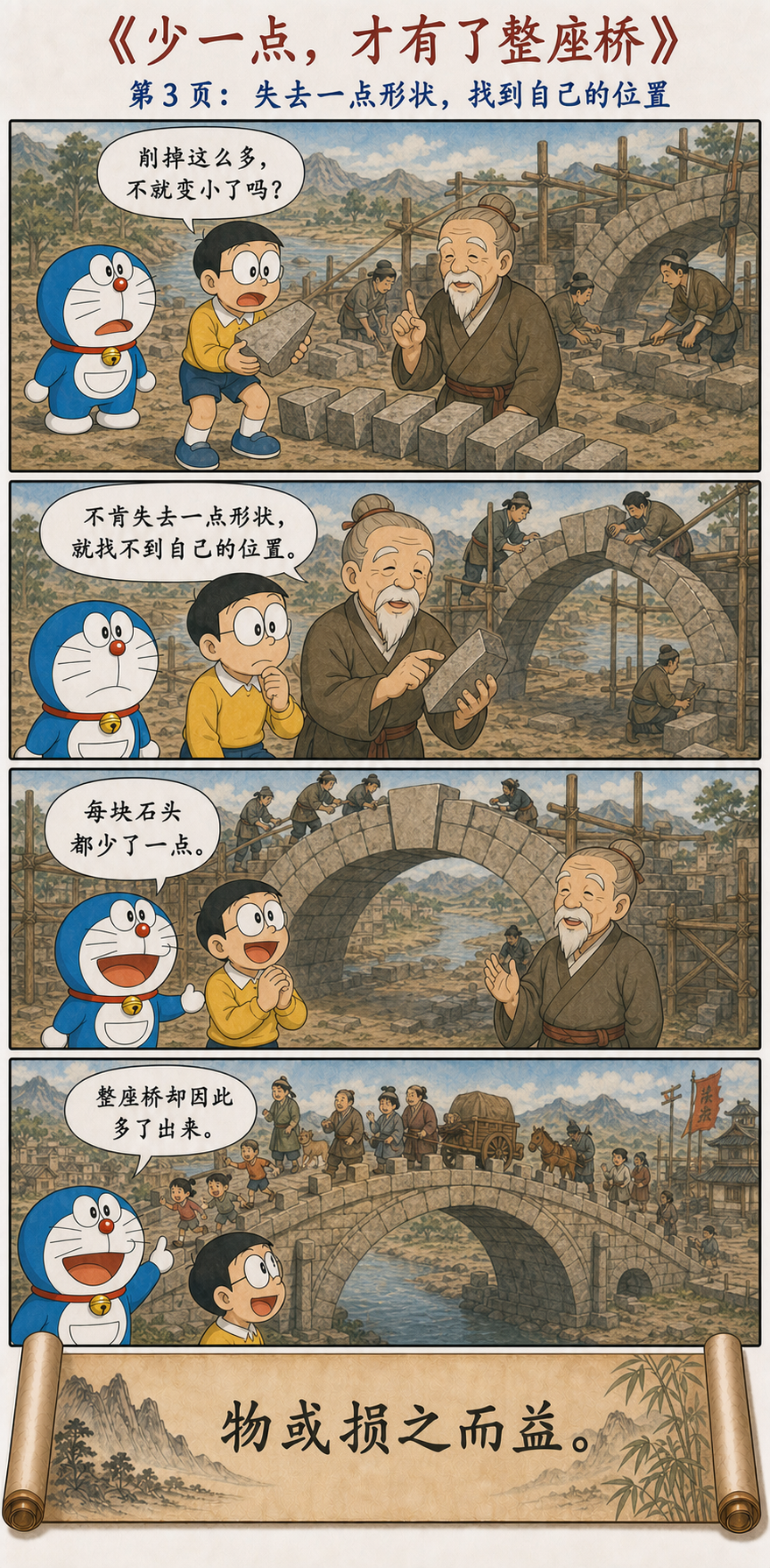 石匠削整拱石使其彼此咬合，大雄理解损之而益