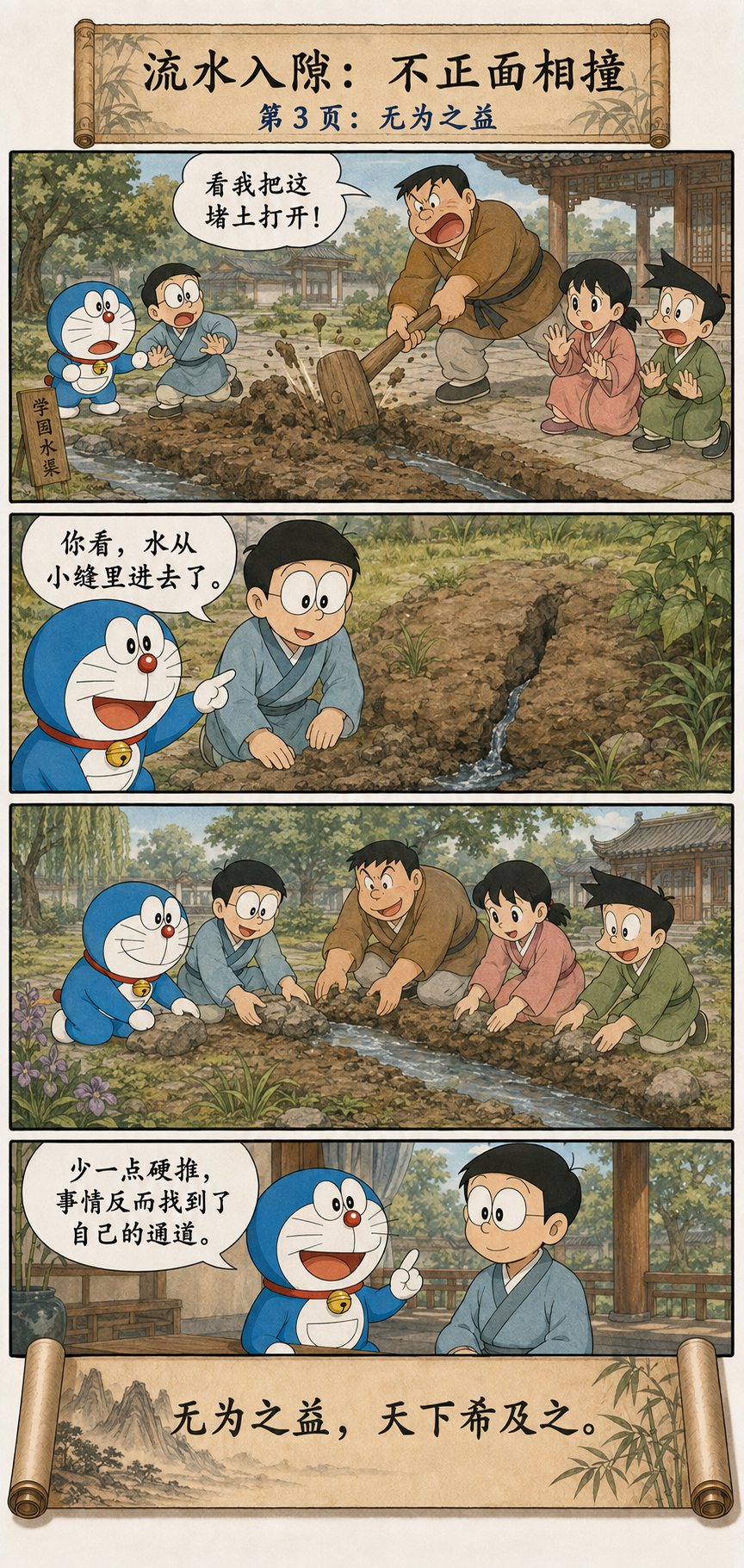 胖虎砸土渠失败，流水沿缝隙找到通道