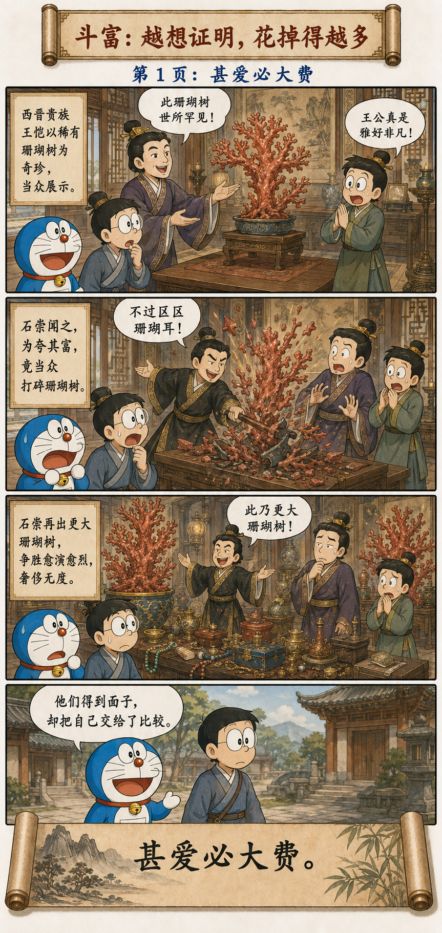 石崇王恺斗富砸珊瑚树，哆啦A梦与大雄离开