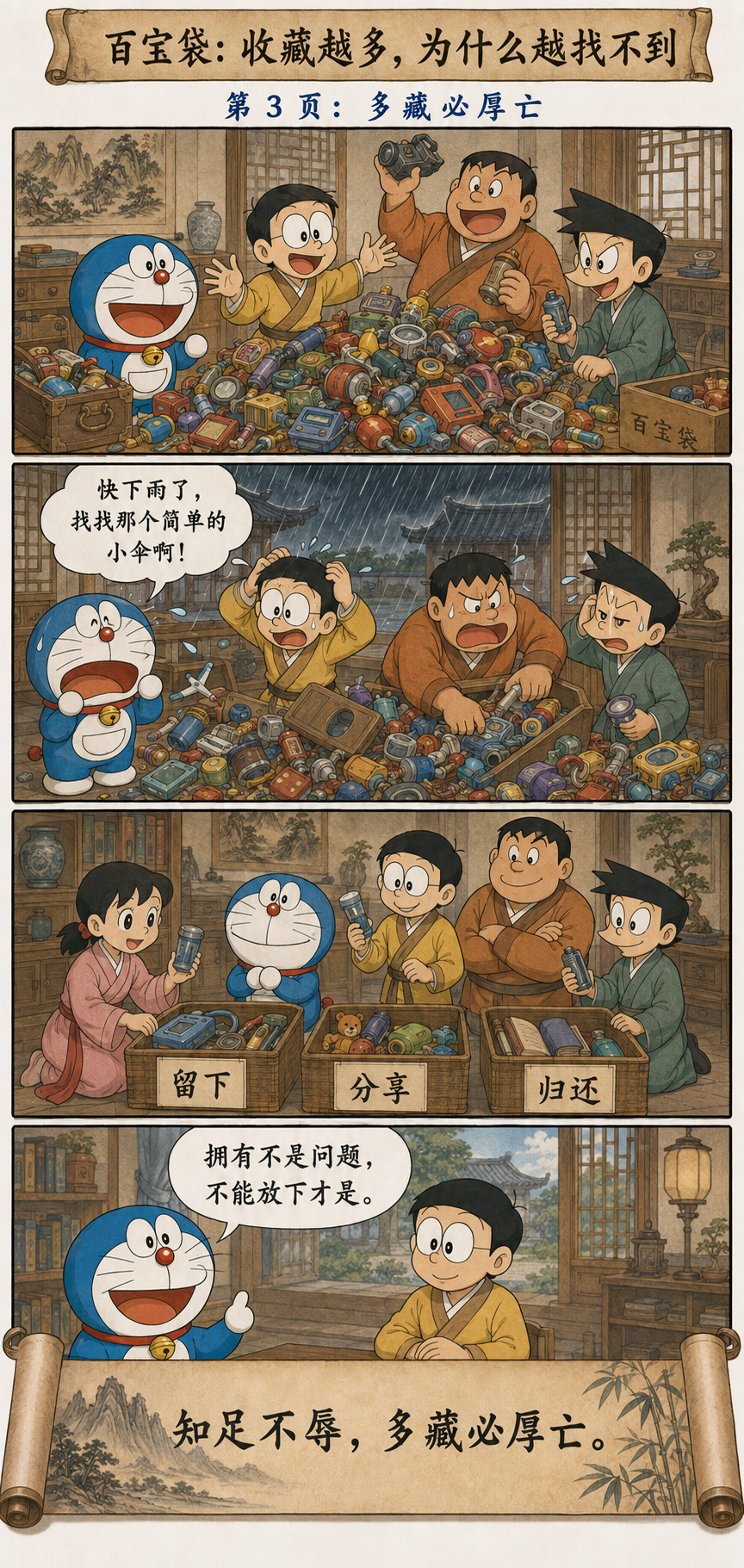 哆啦A梦与伙伴整理塞满道具的百宝袋