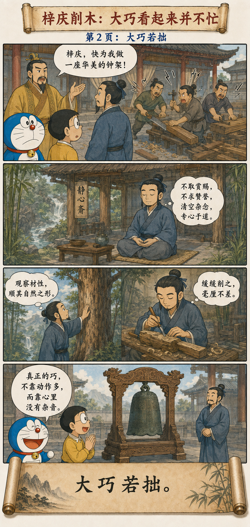 梓庆斋心观察木材雕成精美钟架，理解大巧若拙