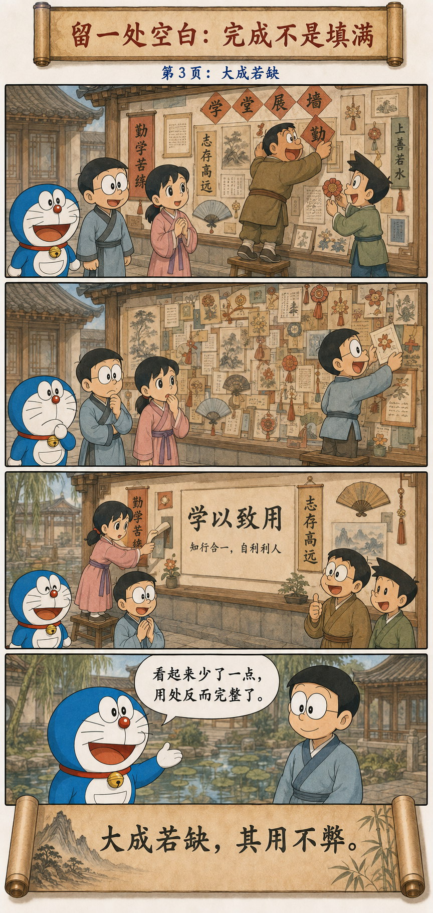 哆啦A梦和伙伴整理学堂展板，以留白理解大成若缺