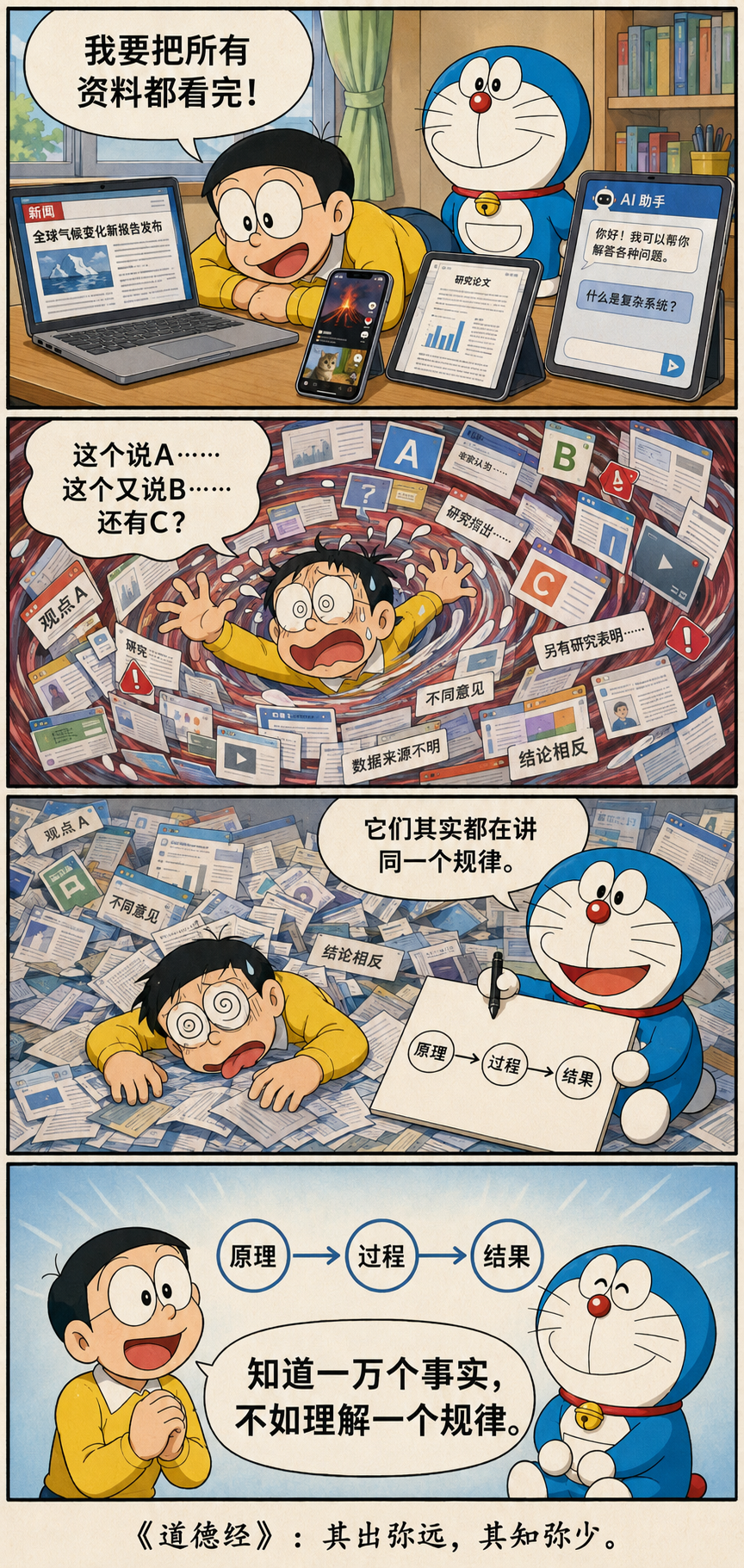 大雄陷入海量资料,哆啦A梦把散乱事实抽象成原理、过程和结果