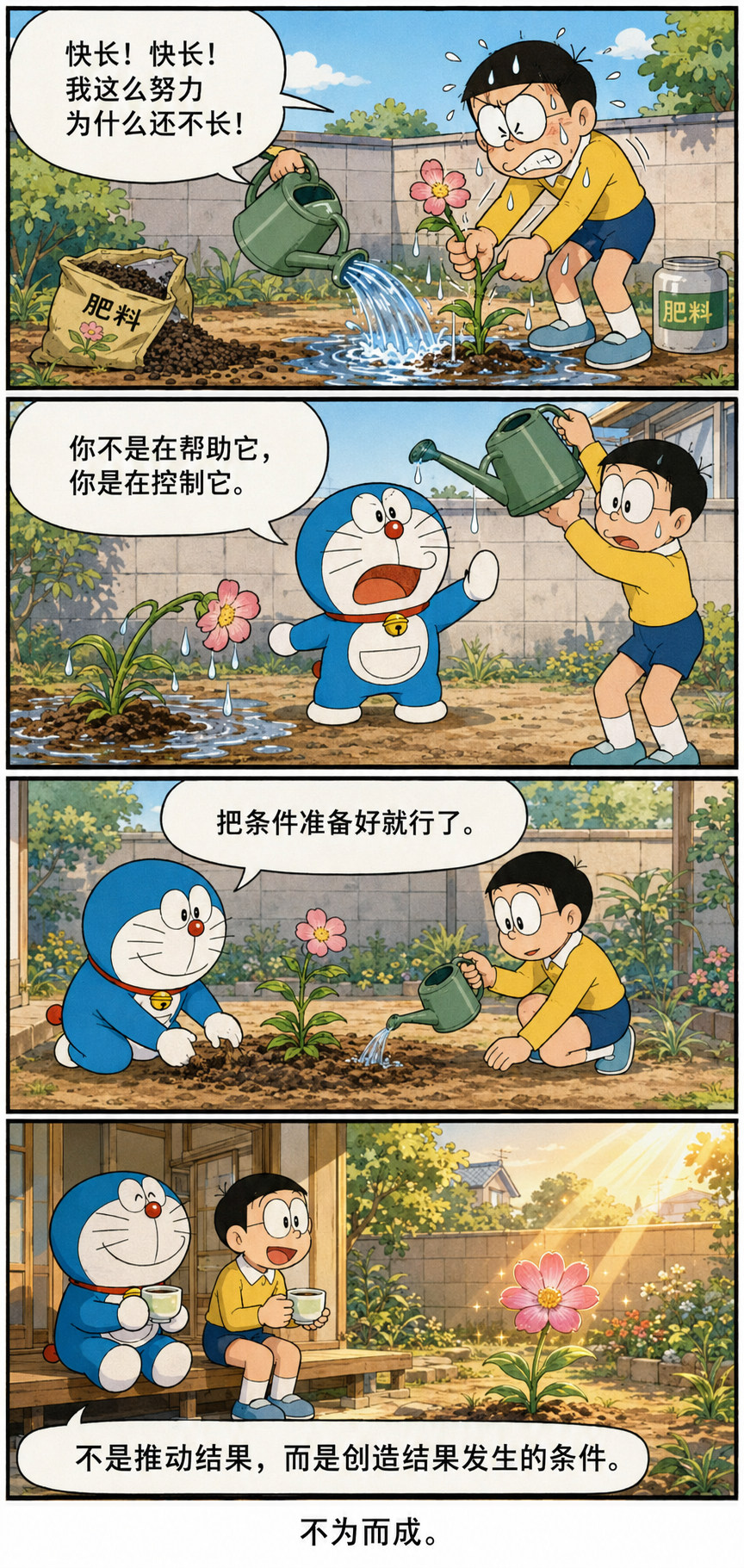 大雄用力催促花生长,哆啦A梦说明应当创造条件,让结果自然发生