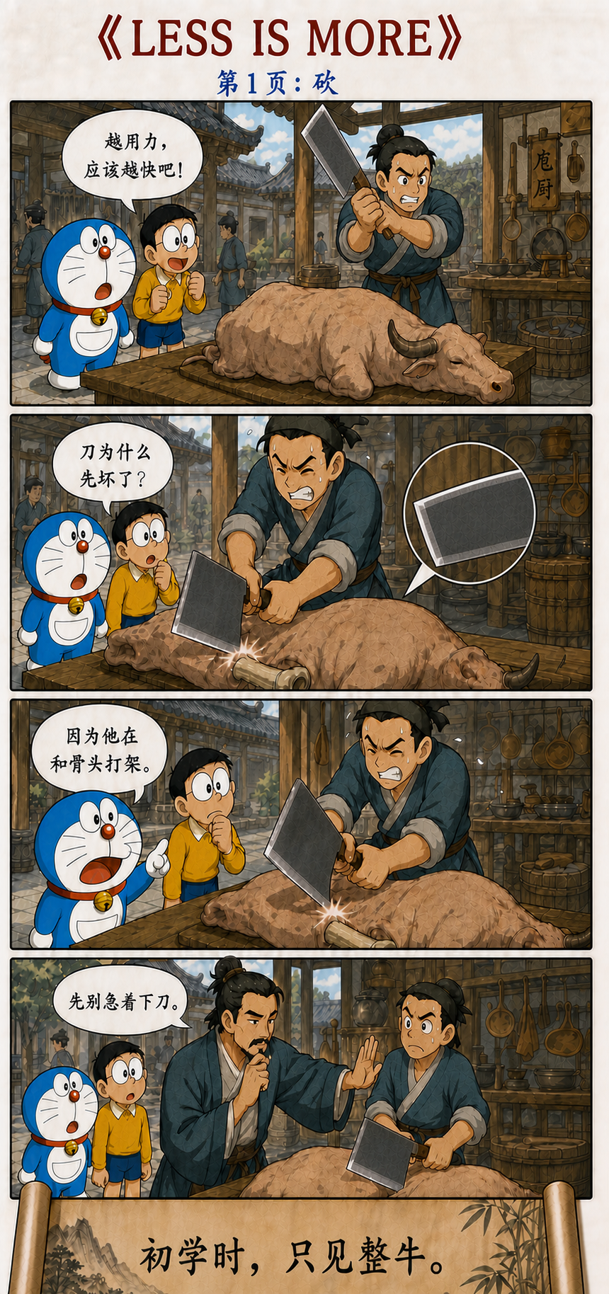 哆啦A梦和大雄观看初学者用蛮力解牛,第一格菜刀从右下方向左上方举起