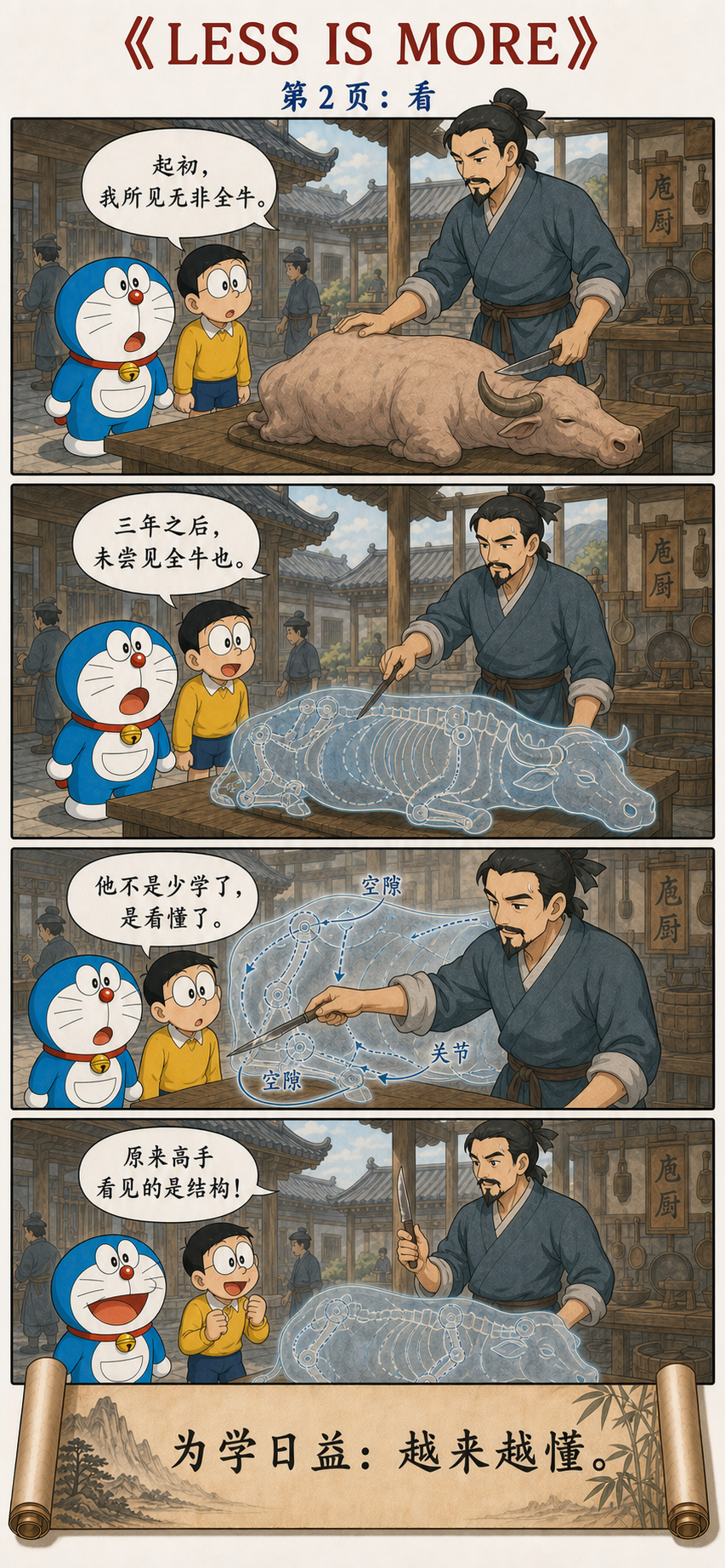 庖丁向哆啦A梦和大雄展示牛的骨节、关节与空隙，说明高手看见的是结构