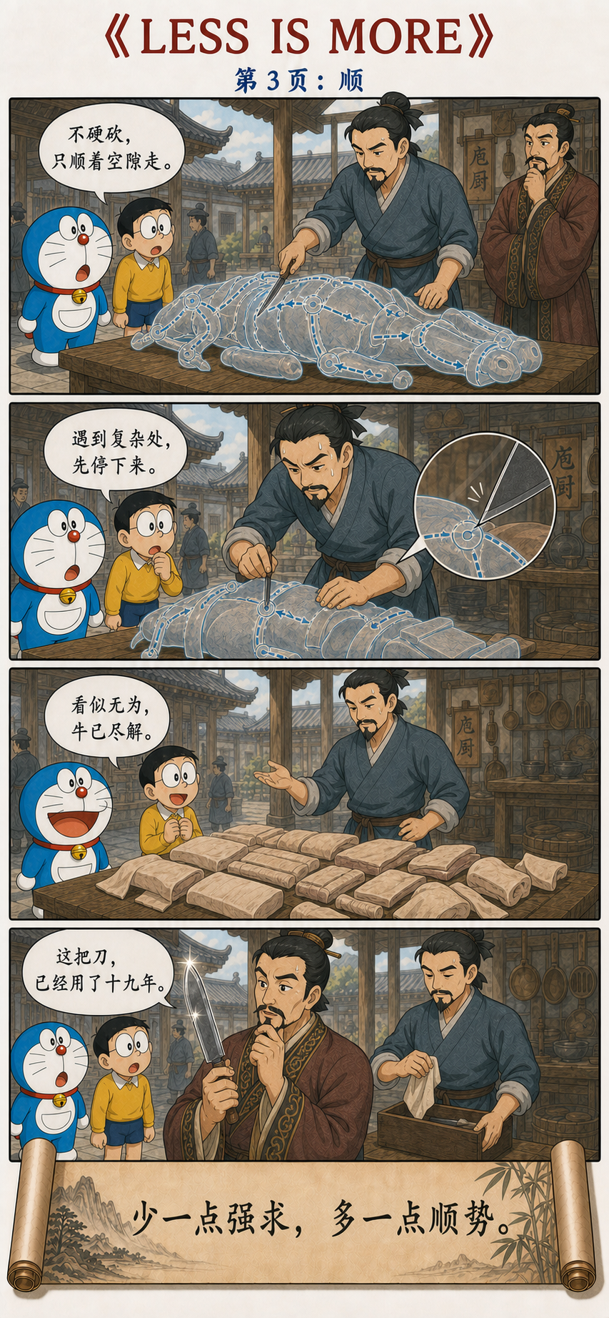 庖丁顺着骨节空隙下刀，遇到复杂处先停下观察，十九年的刀仍然锋利