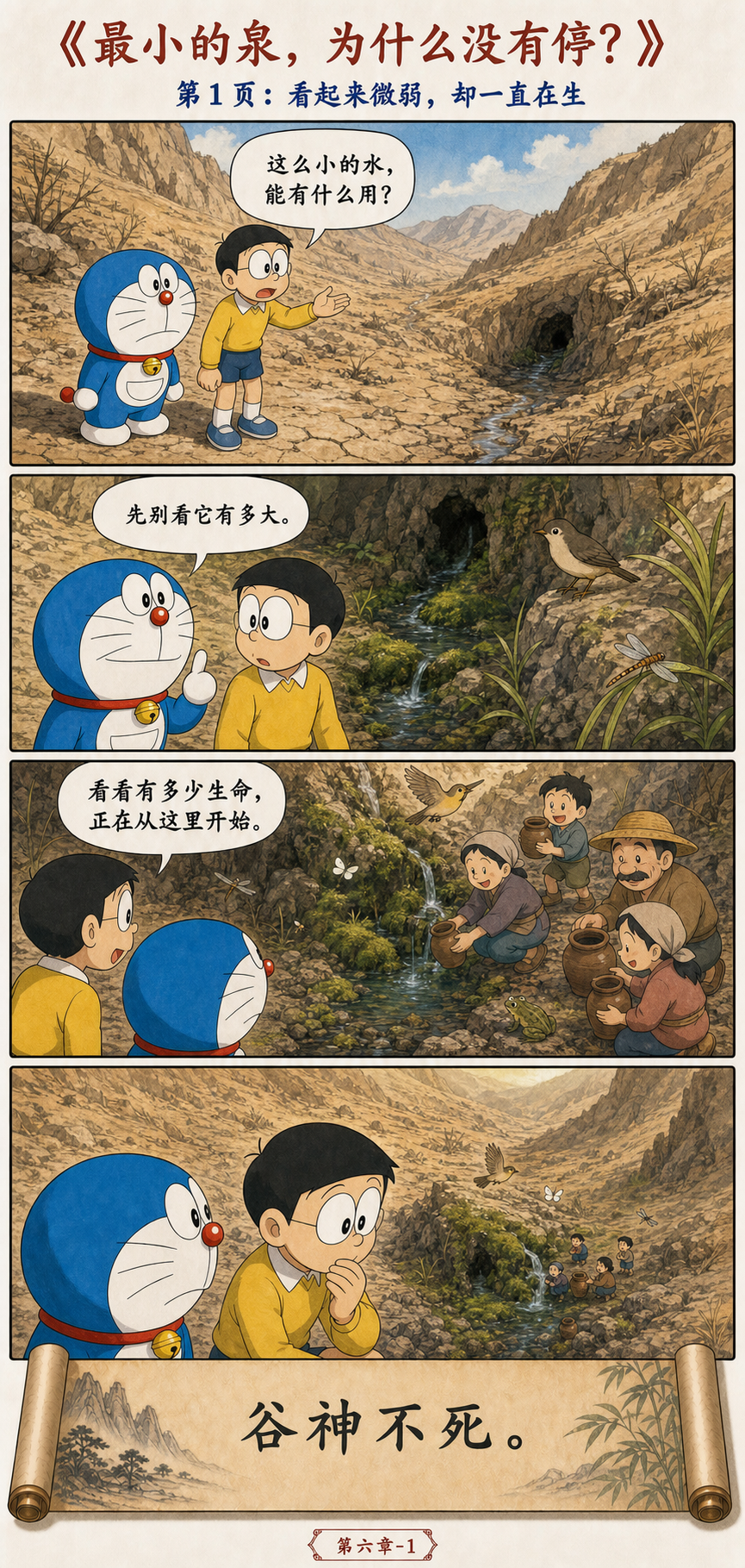 大雄发现山谷里一眼细小却不停的泉水