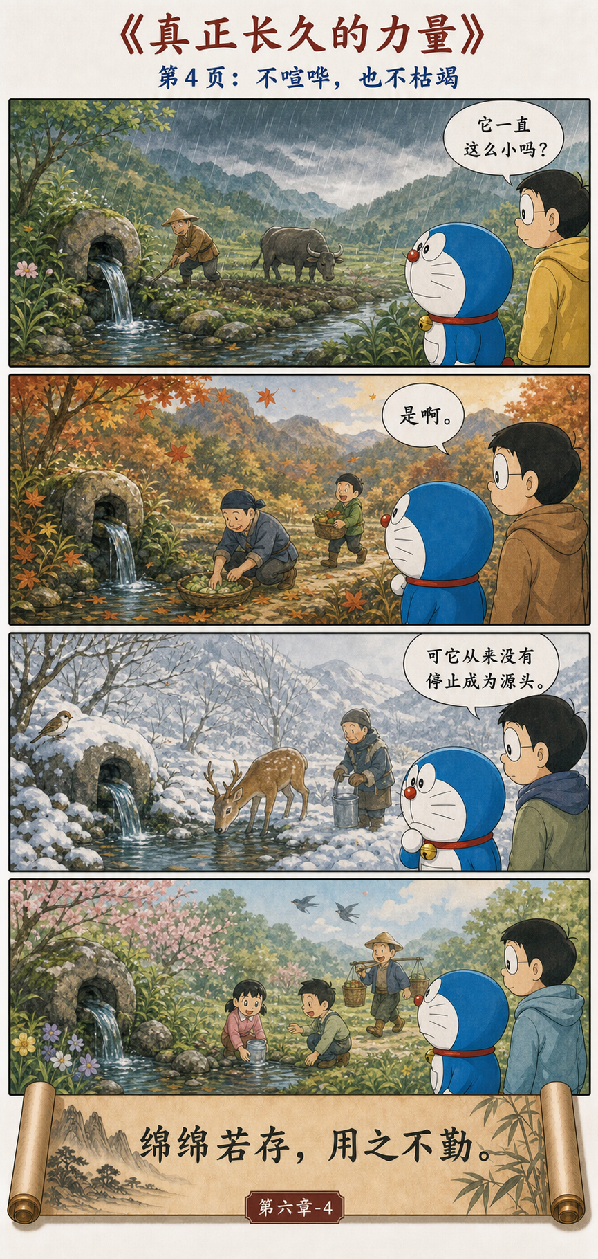 泉水经历四季持续滋养村庄