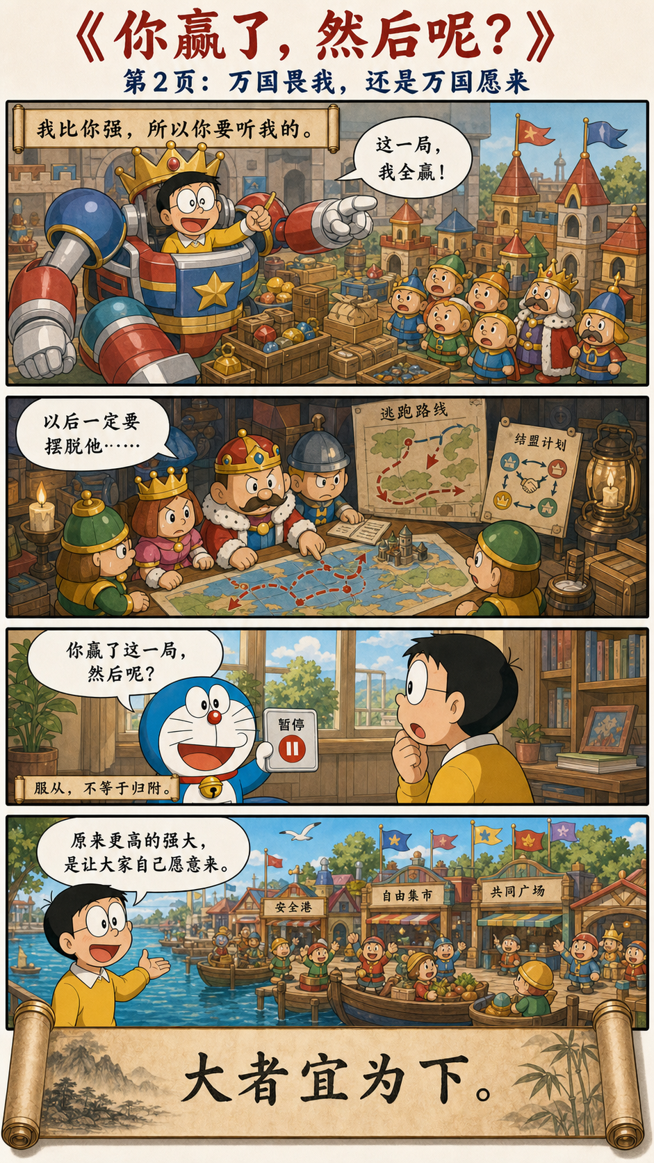 大雄在玩具王国赢得服从，却发现小国都想逃离，理解大者宜为下