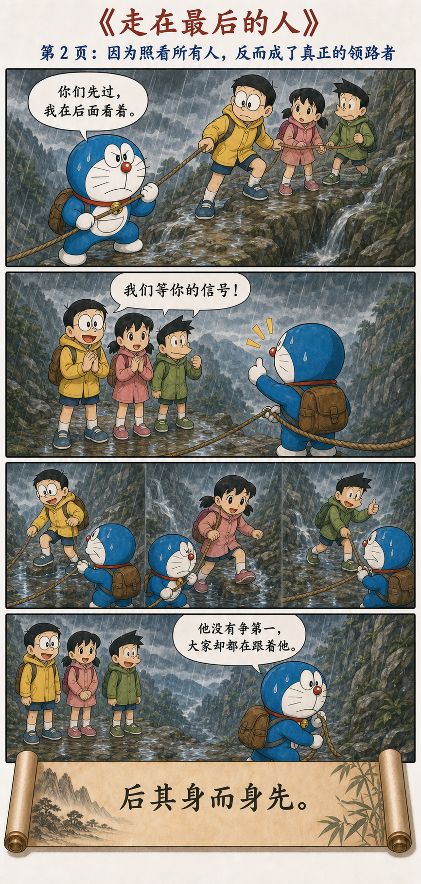 哆啦A梦在队伍最后用绳索帮助伙伴