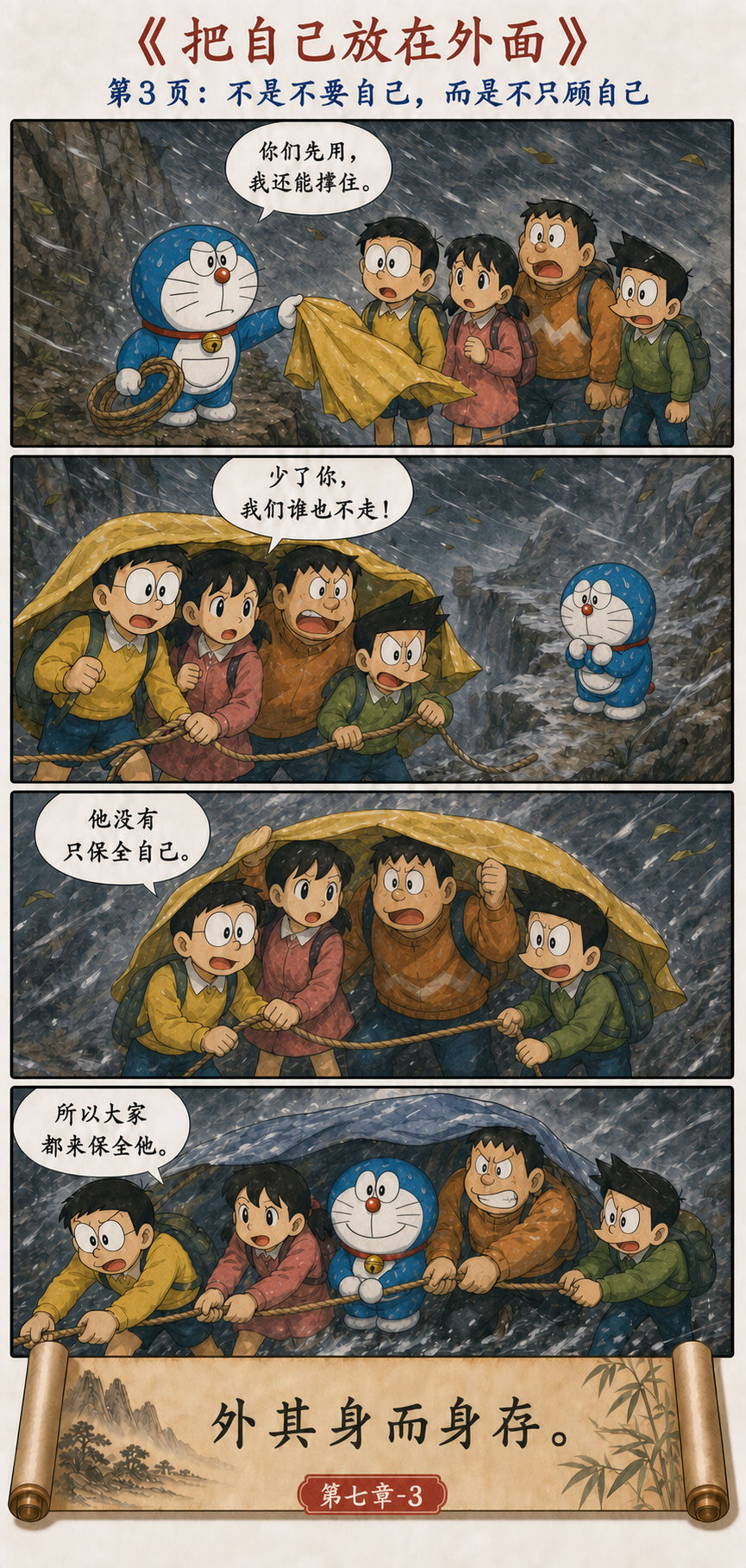 哆啦A梦把雨布让给伙伴后，大家返回保护他