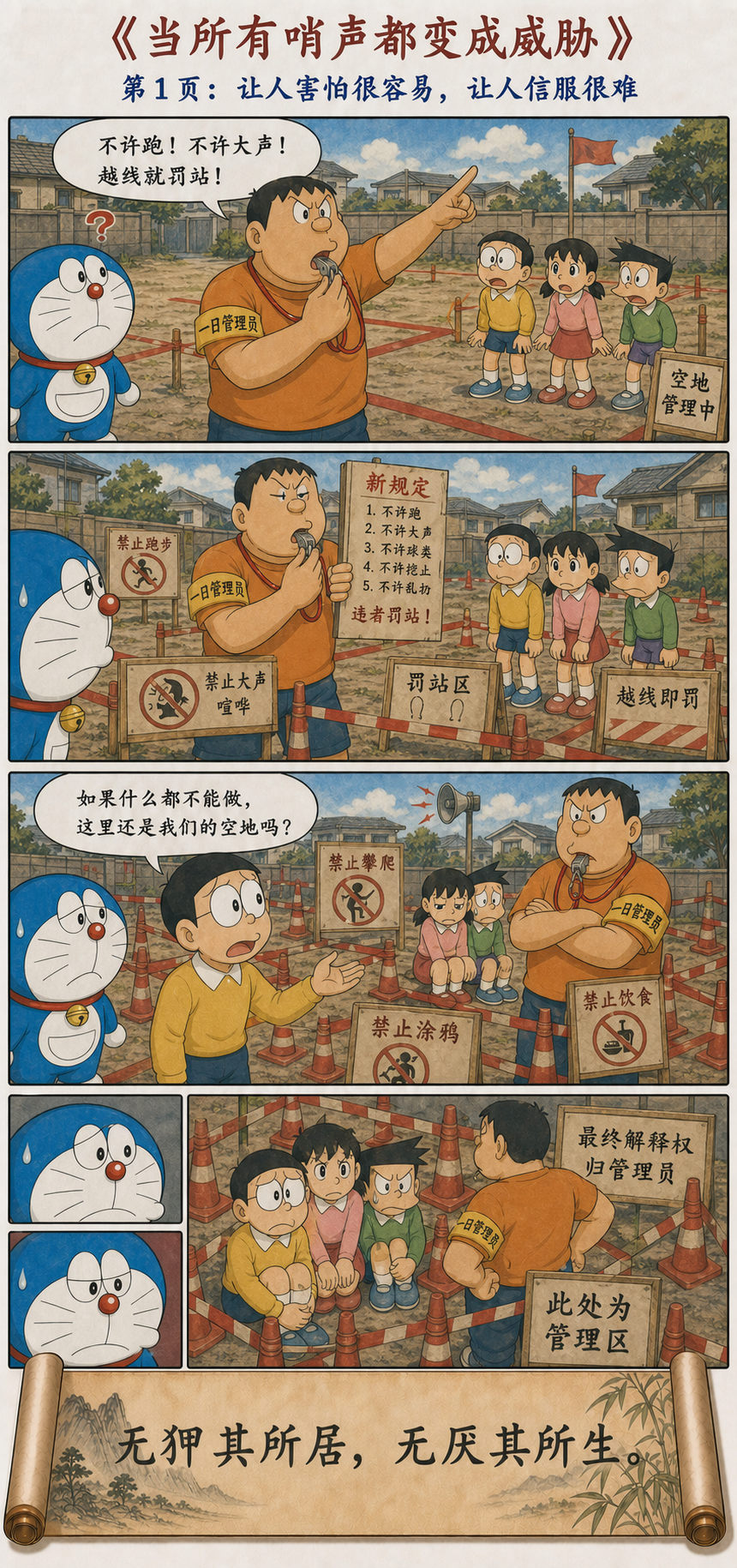 胖虎管理空地并不断增加禁令，哆啦A梦担忧生活空间被管理挤走