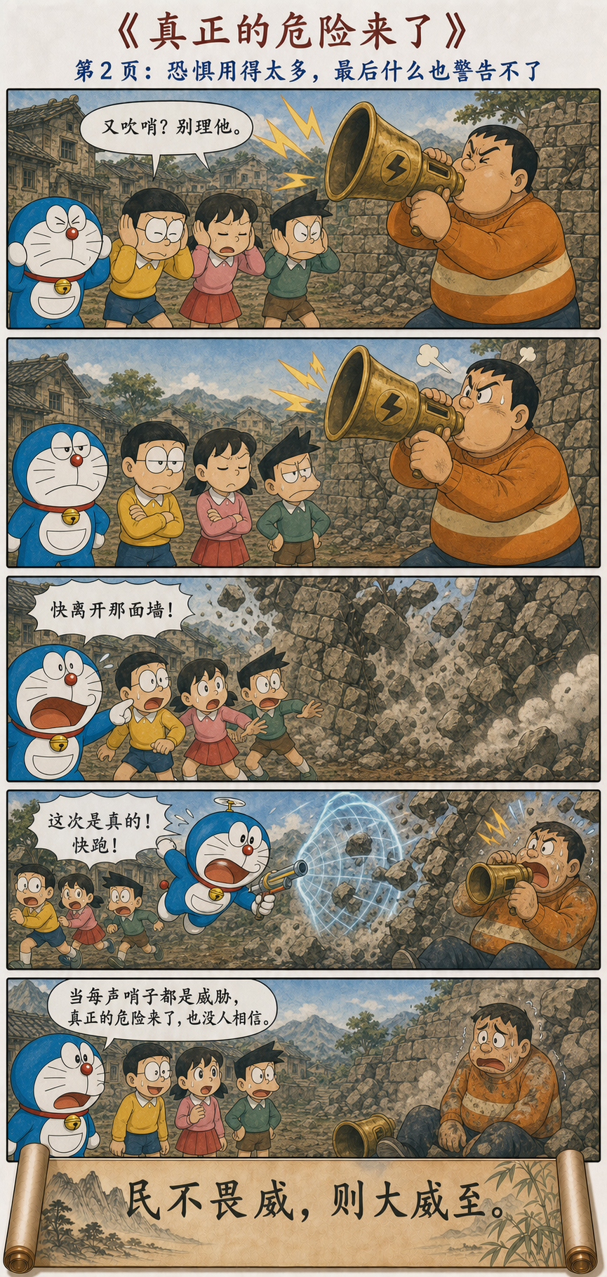 孩子们对胖虎的威吓哨声变得麻木，旧墙倒塌时无人相信真正警告，哆啦A梦奋力救援