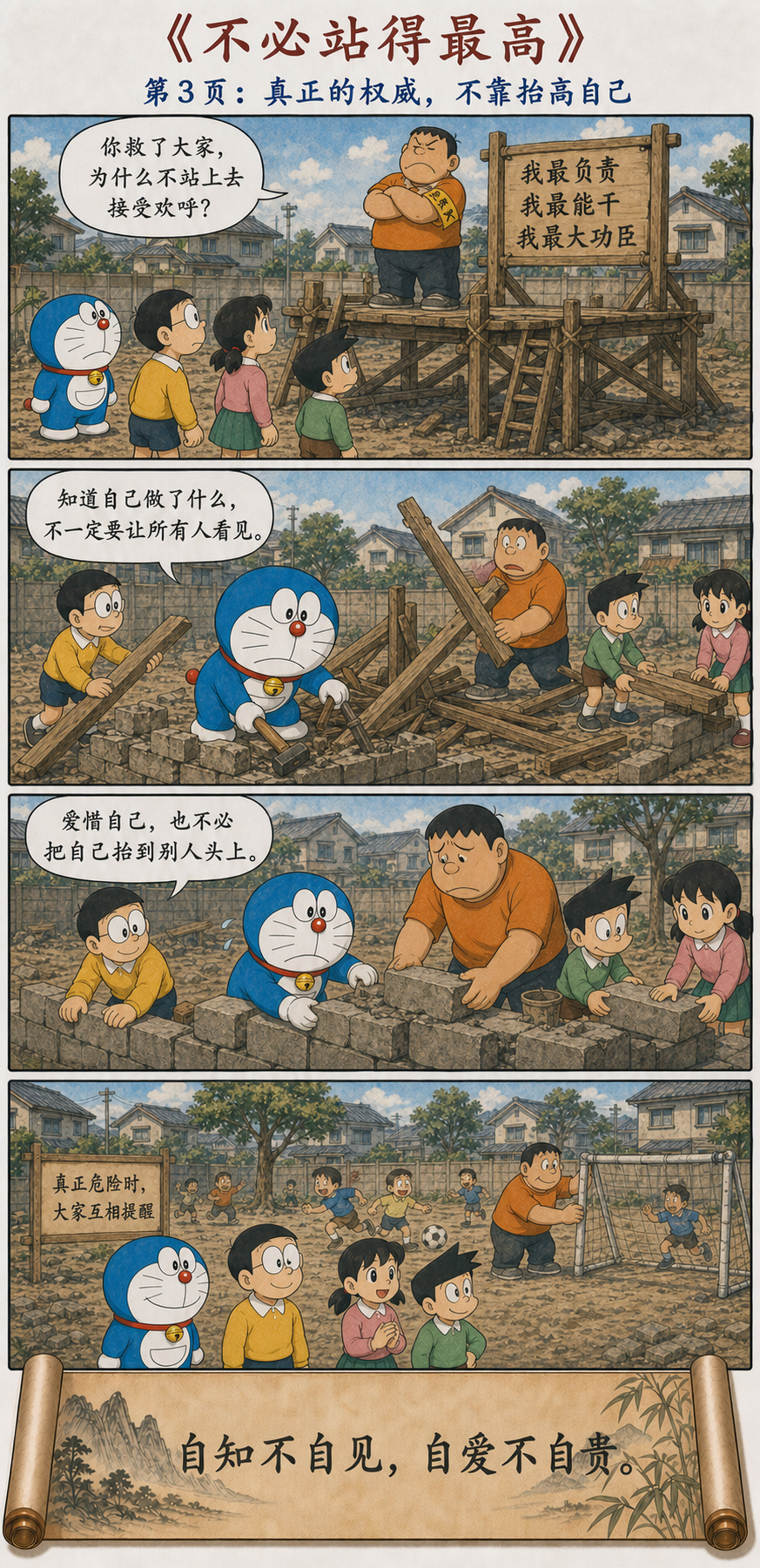 哆啦A梦拆掉管理高台修补围墙，胖虎放下自我显示参与劳动