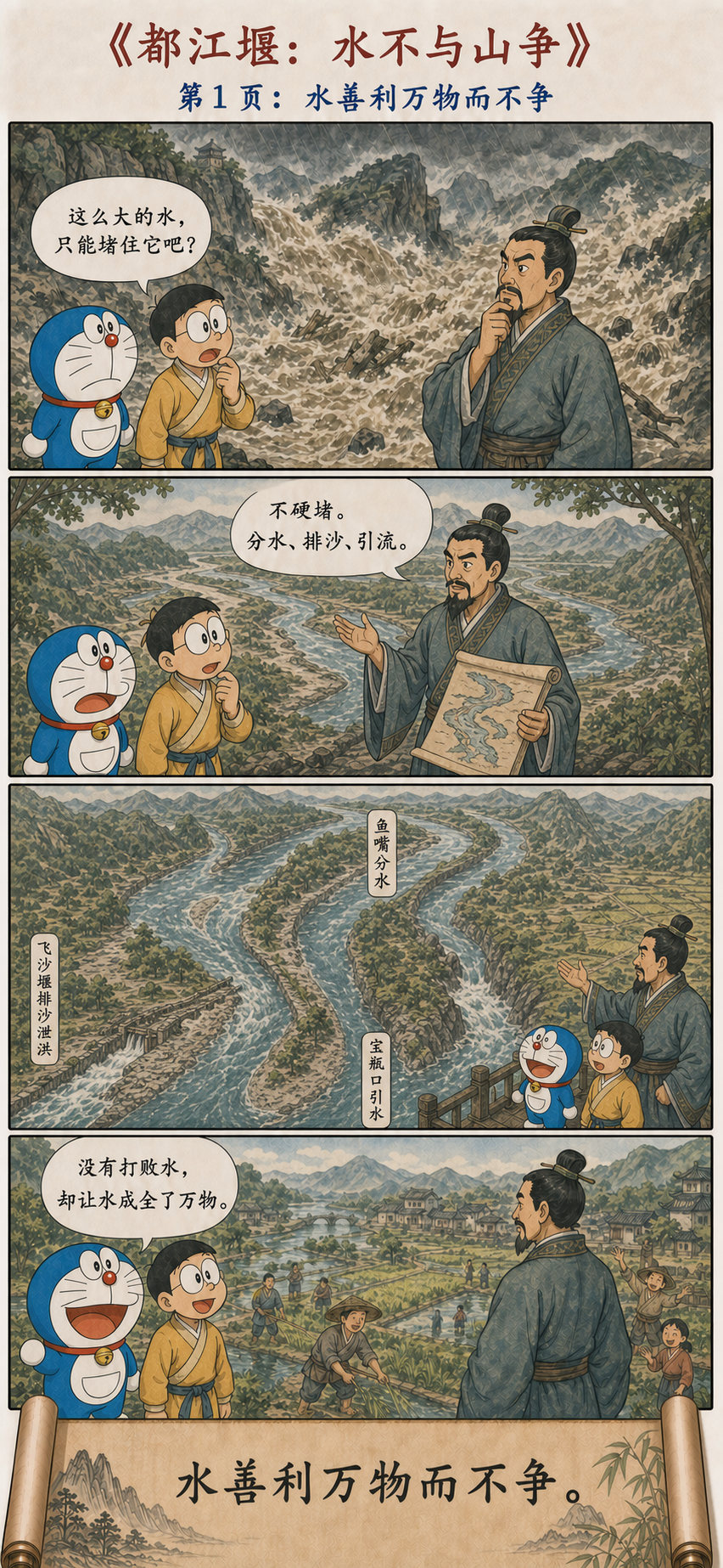 哆啦A梦和大雄观看李冰借鱼嘴、飞沙堰与宝瓶口治理都江堰理解水善利万物而不争