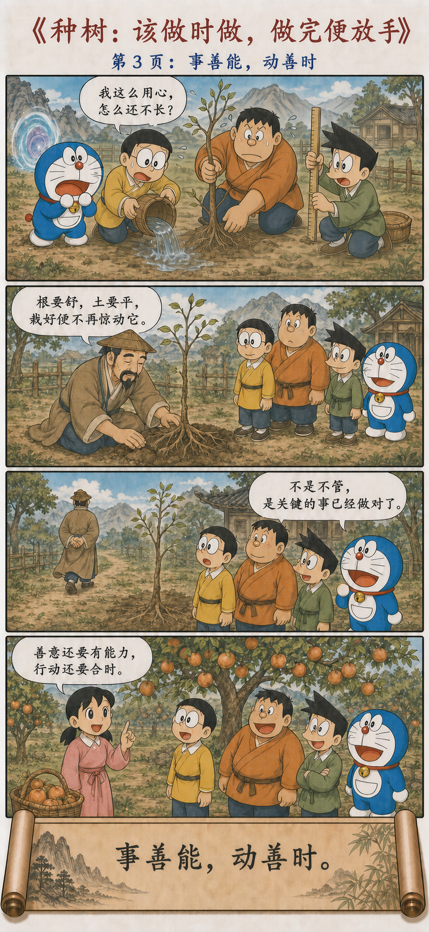 哆啦A梦大雄静香胖虎和小夫通过郭橐驼种树理解事善能动善时