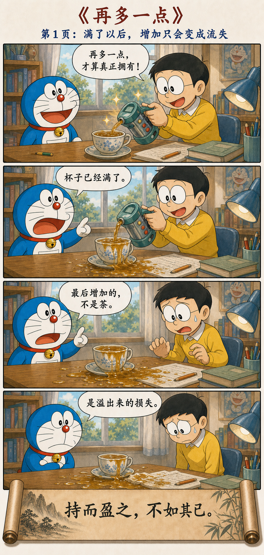 大雄向满杯继续倒茶导致作业被浸湿