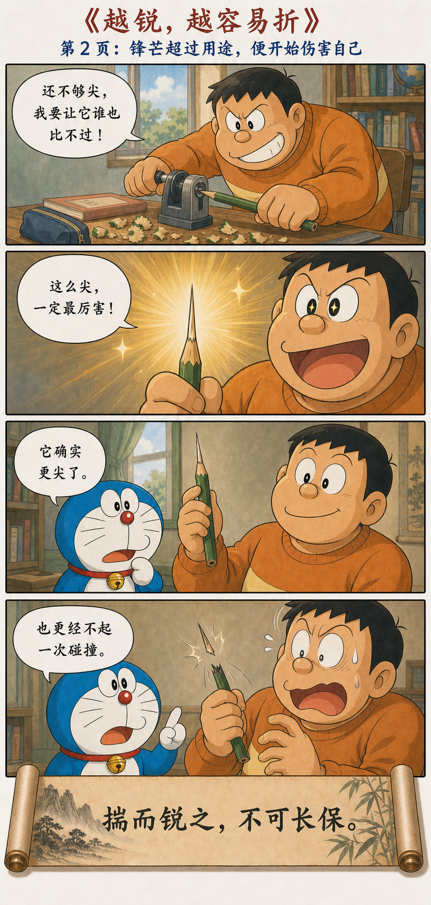 胖虎把铅笔削得过尖后折断