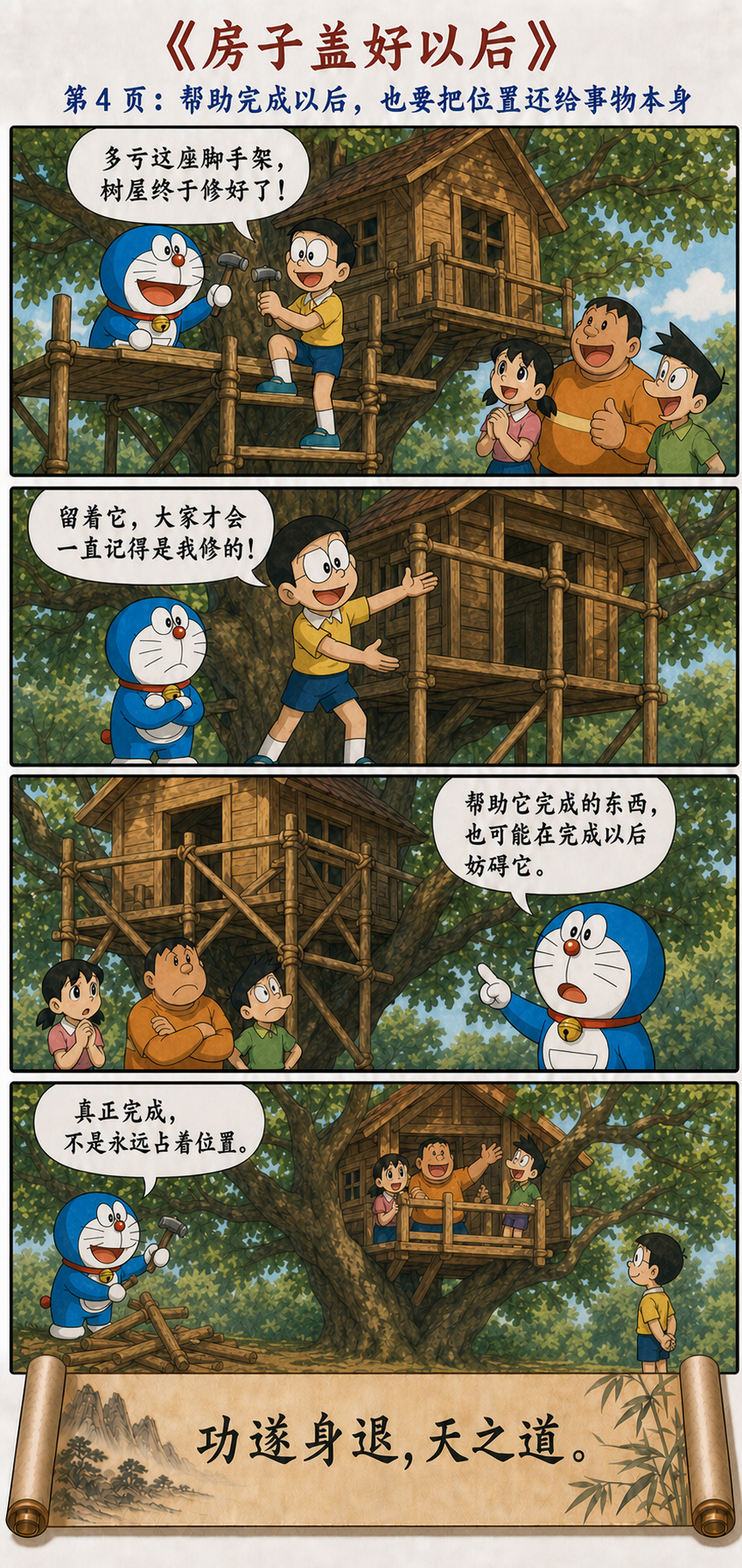 树屋修好后大雄和哆啦A梦拆除不再需要的脚手架